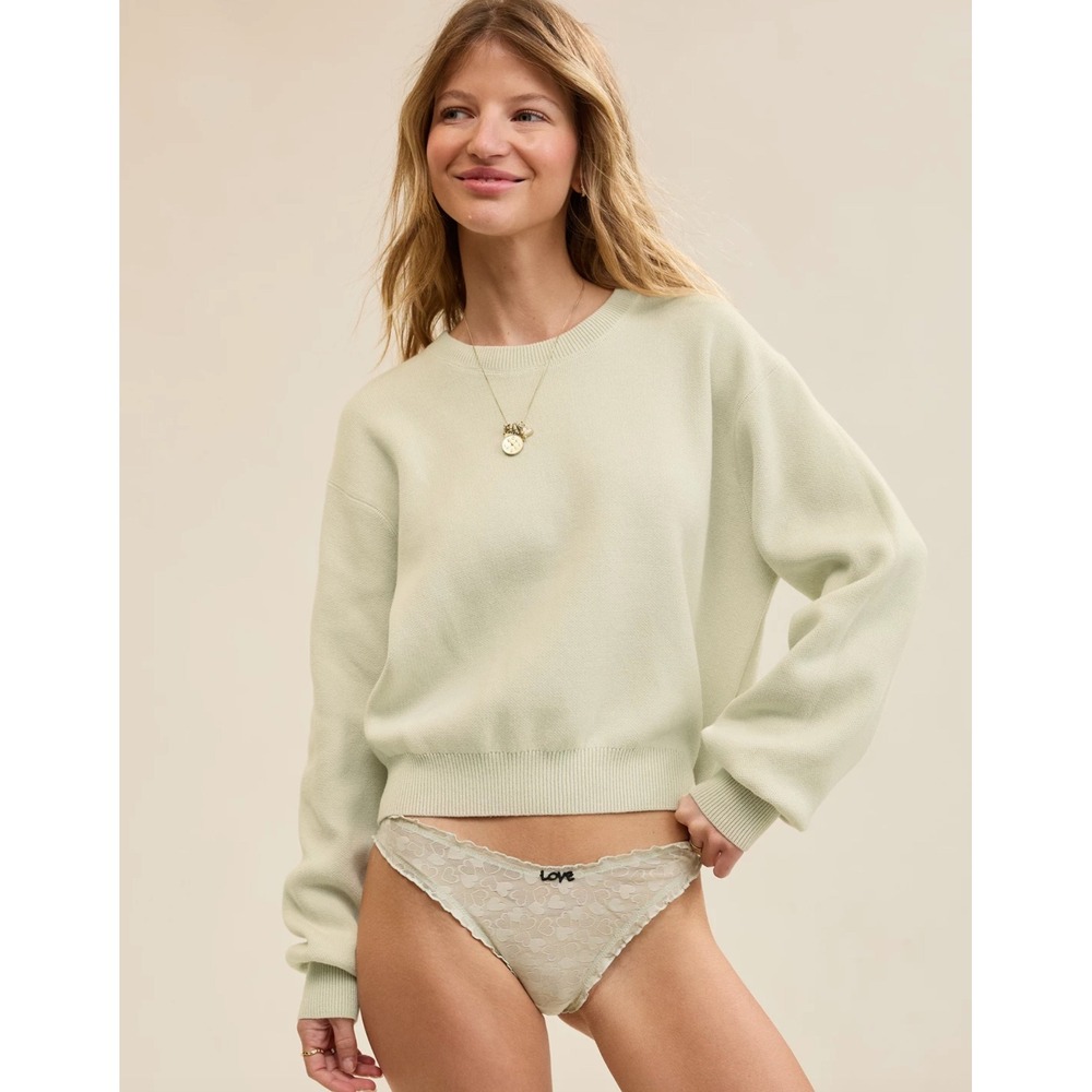 Aerie Sweater Womens Small Green Cotton Knit Cropped Crewneck Pullover Relaxed